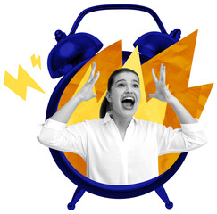 Woman screaming in frustration, stylized photo collage with abstract shapes and alarm clock,...