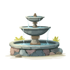 Illustration of three tiered stone fountain with water flowing, isolated on transparent background