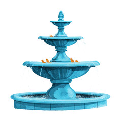 Illustration of three tiered blue fountain with water flowing, isolated on transparent background