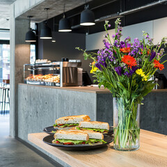 Cafe sandwiches and vibrant floral bouquet