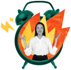 Calm woman meditating with closed eyes inside green alarm clock surrounded by flames and lightning, collage style on white background, stress relief concept