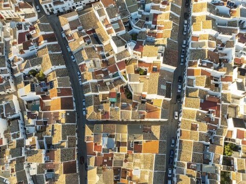 Streets and rooftops in the White Town of Olvera. Aerial view. Drone shot. C&aacute;diz province, Andalusia, Spain