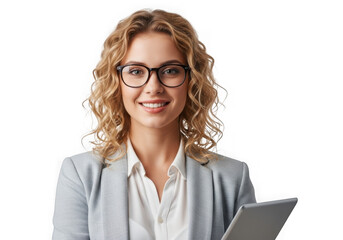 Young blonde woman with curly hair glasses smiling holding tablet professional business portrait transparent background