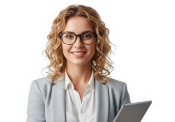 Young blonde woman with curly hair glasses smiling holding tablet professional business portrait transparent background