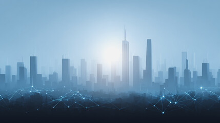 Obraz premium Sunshine in the Smart digital Innovation city with connection network reciprocity over the cityscape. of future smart wireless digital city and social media networking systems that connects 