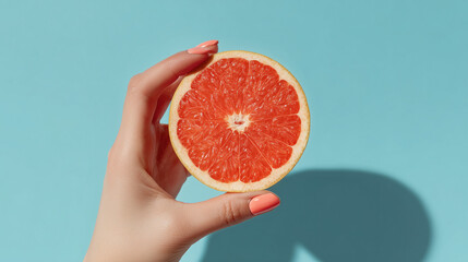 Close-up of a woman&rsquo;s hand holding a grapefruit on blue background.