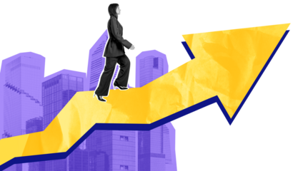 Businesswoman walking upward on a large yellow arrow, collage style, with purple city skyscrapers in background. Concept of career growth and success
