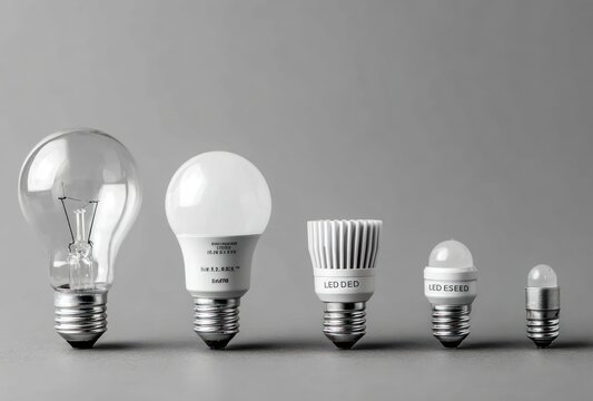Five light bulbs of varying types and sizes are displayed in a row against a plain grey backdrop, from a traditional incandescent to compact LEDs
