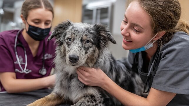 a veterinarian and technician comfort a blue merle australian shepherd during an examination while wearing protective face masks.