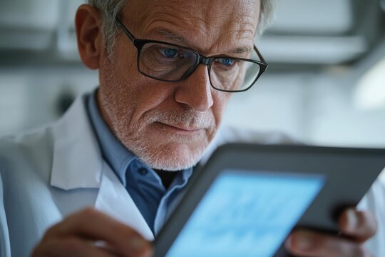 A senior scientist in a lab coat intently reviews data on a tablet, focused on research and analysis.