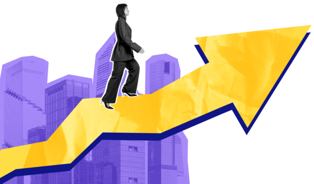 Businesswoman walking upward on a large yellow arrow, collage style, with purple city skyscrapers in background. Concept of career growth and success