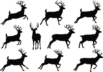 Black silhouette collection of running and standing deer with antlers in various poses, wildlife, nature, animal shapes on white.