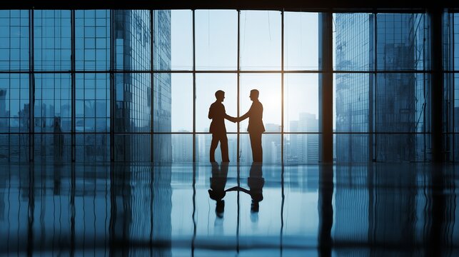 a silhouetted handshake between two businesspeople is framed by a vast wall of windows overlooking a cityscape with a mirrored floor reflecting the scene. - Powered by Adobe
