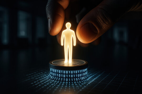 Glowing lifts a binary code figure on circular base with futuristic digital interface and dramatic atmosphere