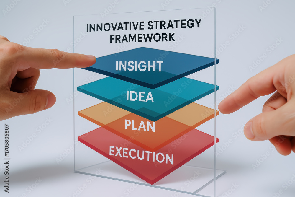 Aufkleber innovative strategy framework concept with layered insight idea plan and execution steps held by two