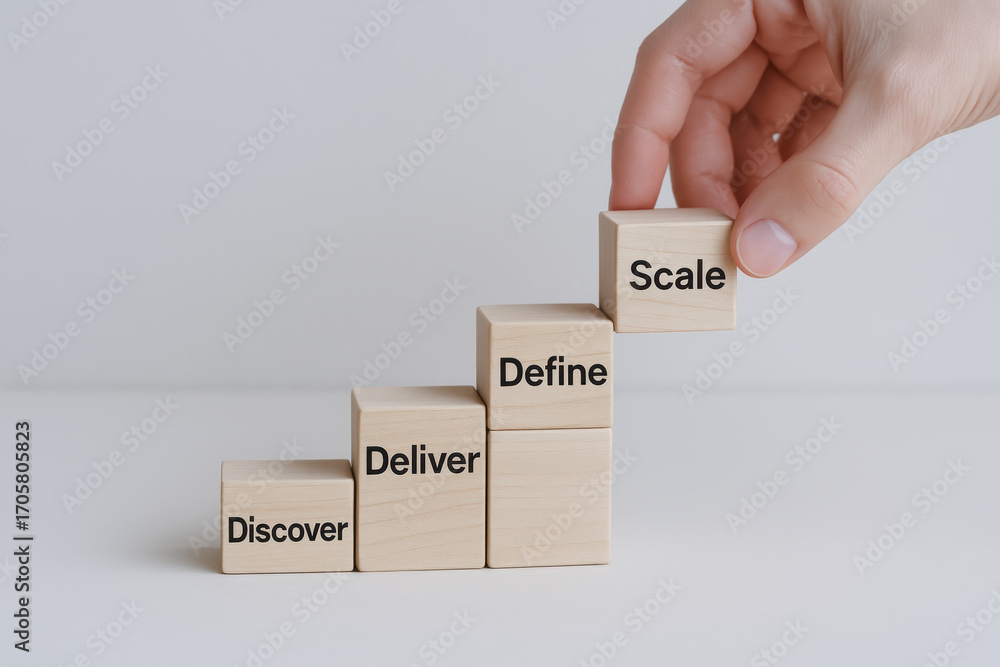 Aufkleber innovative strategy builds clear framework for success as wooden blocks labeled discover deliver def