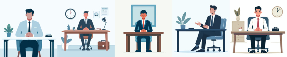 vector of applicant sitting confidently in the interview room ready to be interviewed