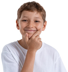 Young kid boy smiling and touching chin with hand, wearing white shirt, isolated on transparent background. Concept of thoughtful childhood expression
