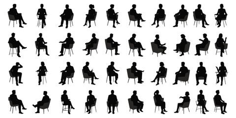 Assortment of seated human silhouettes in various poses and attire on white background people sitting