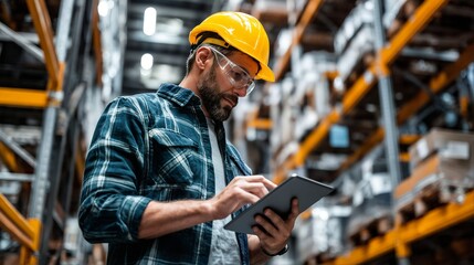 a focused construction worker wearing safety gear checks data on a digital tablet while standing in a large warehouse filled with stacked metal beams.