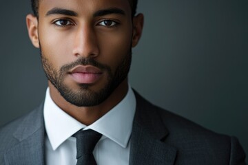 Close-up portrait of a serious, handsome Black man in a suit, conveying confidence and professionalism.