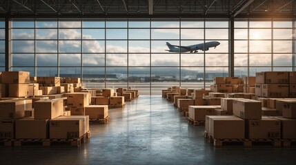 a vast warehouse filled with stacked cardboard boxes overlooks an airport runway with a plane taking off through a large grid of windows.