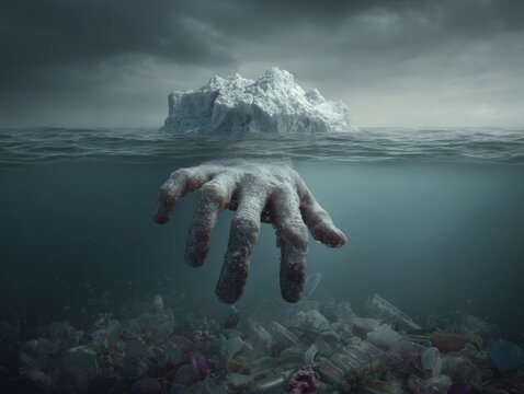Icy hand reaches from trash-filled ocean under iceberg, stormy sky above. Symbolic of environmental crisis, bleak and ethereal - Powered by Adobe