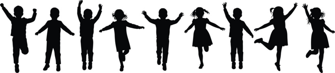 Black silhouettes of diverse children jumping and celebrating on a white background kids