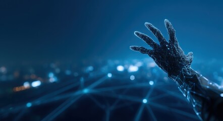 A reaching, gnarled hand formed from illuminated networks extends over a cityscape, symbolizing connectivity and technological advancement