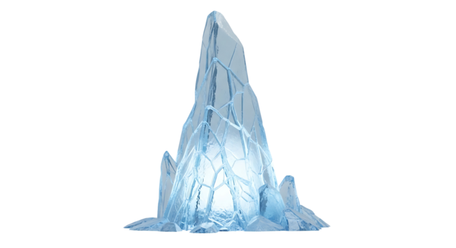 A detailed, icy formation, light-blue in color, stands out against a stark black background.