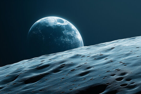 Lunar Orbit Telephoto View of Crescent Earth with Crater Ridge Texture, Rim-Lit against Dark Sky