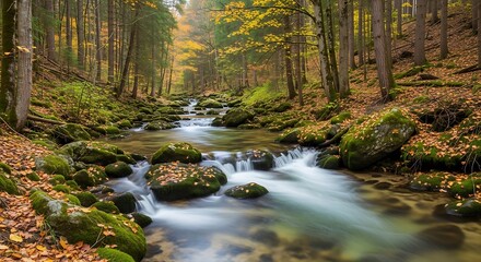 Obraz premium Serene Autumn Creek Flowing Through Forest.