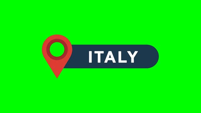 Italy GPS location pin animation with map point tracking marker and name tag isolated on green screen with chroma key ideal for navigation, travel and geography