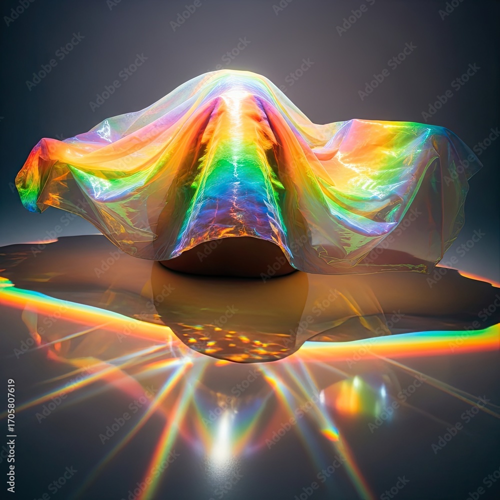 Poster iridescent rainbow sheet over shape casting light spectrum on gray background