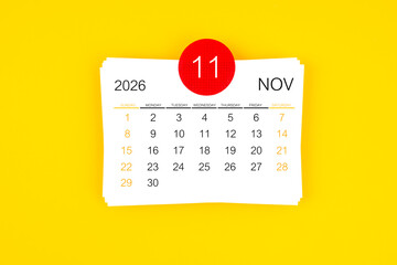 November 2026 card calendar on yellow color background.