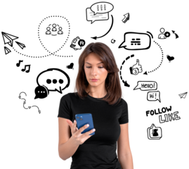 Woman holding phone, isolated style, transparent background, surrounded by social media communication icons, concept of digital interaction