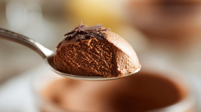 Rich chocolate mousse on a spoon &mdash; an indulgent dessert close-up

