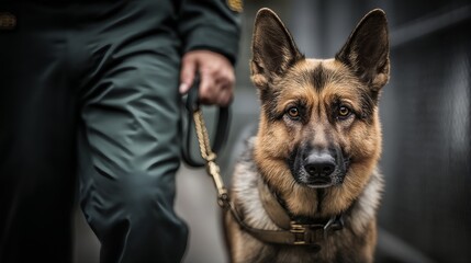 a focused german shepherd police dog stands attentively alongside its handler, showcasing a strong partnership and readiness for duty.