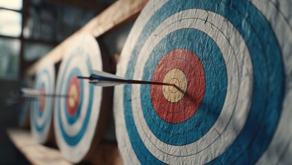 Close-up of archery targets with arrows, focusing on the bullseye hit on the rightmost target in a soft, natural light setting