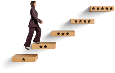 Businesswoman in formal suit walking upstairs on wooden star rating blocks, isolated on transparent background, symbolizing career growth concept