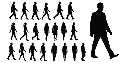 Collection of black male and female walking silhouettes on white background Keywords: walking, silhouette, people, man, woman