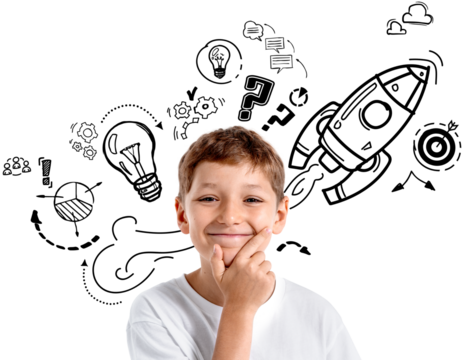 Thoughtful kid boy smiling and thinking, surrounded by creative hand-drawn doodles including rocket, lightbulbs, and gears on transparent background