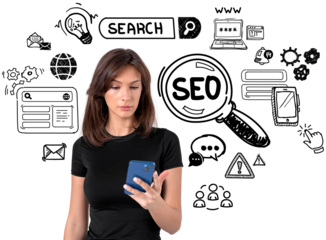 Woman holding smartphone, surrounded by SEO and digital marketing doodles, isolated on white background. Concept of search engine optimization tools
