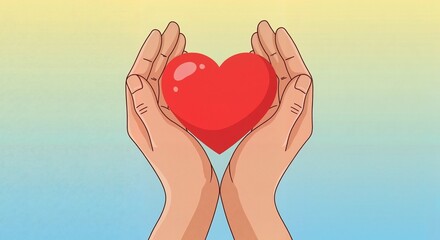 Obraz premium Hands holding red heart symbol against soft gradient background 