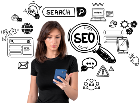 Woman holding smartphone, surrounded by SEO and digital marketing doodles, isolated on white background. Concept of search engine optimization tools