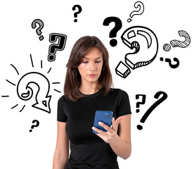 Woman holding smartphone with puzzled expression, sketch-style question marks floating around, isolated on transparent background, concept of confusion