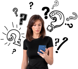 Woman holding smartphone with puzzled expression, sketch-style question marks floating around, isolated on transparent background, concept of confusion
