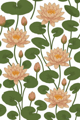 "Seamless Lotus Flower Pattern with Green Leaves &ndash; Elegant Botanical Waterlily Design for Textile and Wallpaper"