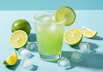 Fototapeta premium Lime Juice Glass with Ice, Sugar Rim and Wedges on Pale Blue Table Refreshing