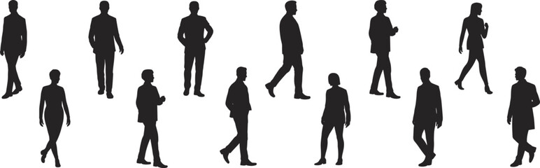 Collection of eleven diverse people silhouettes in various poses and movements on white background group